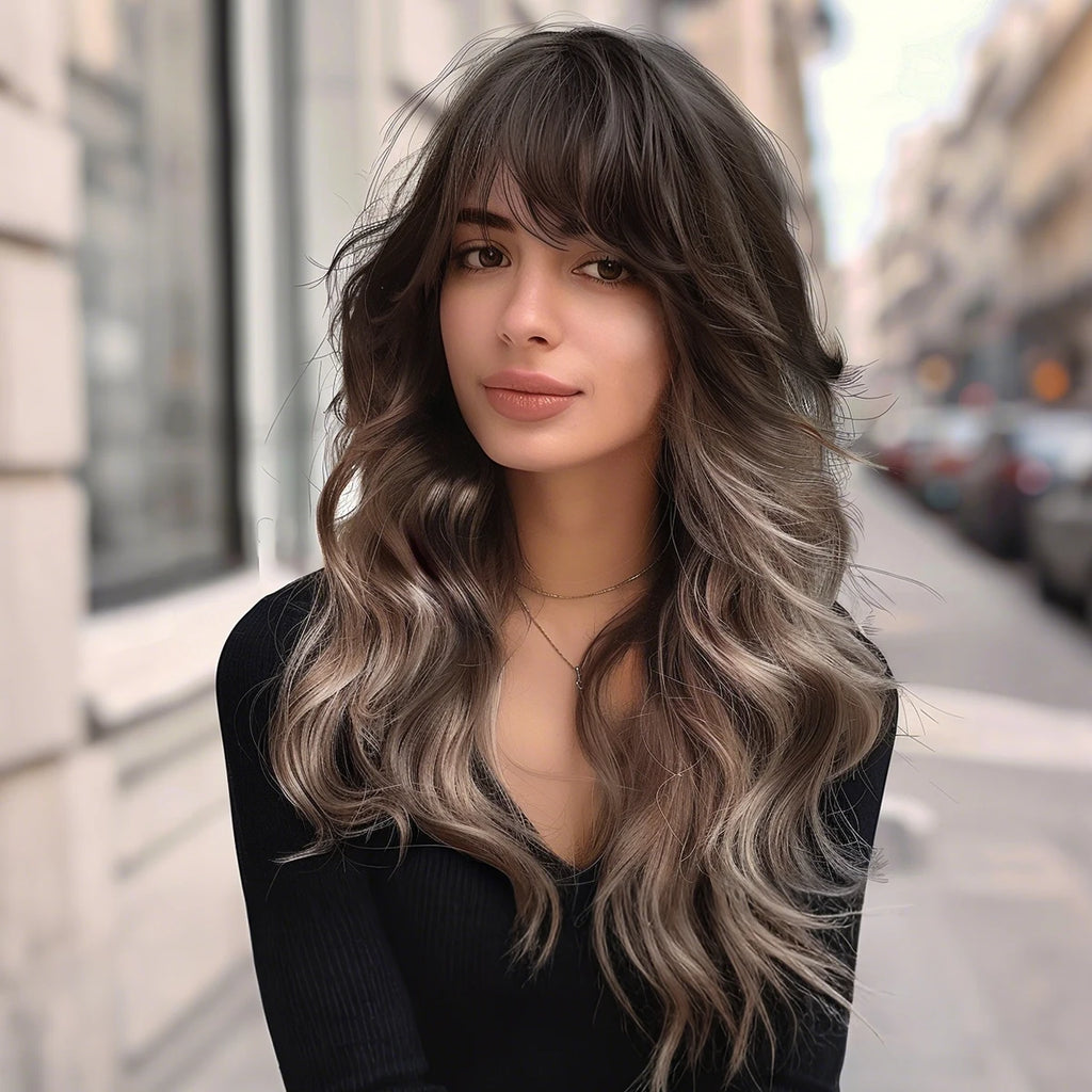 22 Inches Black Brown Gradient Corrugated Synthetic Fiber Wig ali Express Hair Wigs Synthetique De Luxe Wig for Ladies SM303