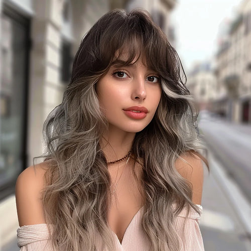 22 Inches Black Brown Gradient Corrugated Synthetic Fiber Wig ali Express Hair Wigs Synthetique De Luxe Wig for Ladies SM303