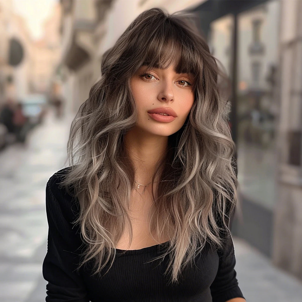 22 Inches Black Brown Gradient Corrugated Synthetic Fiber Wig ali Express Hair Wigs Synthetique De Luxe Wig for Ladies SM303